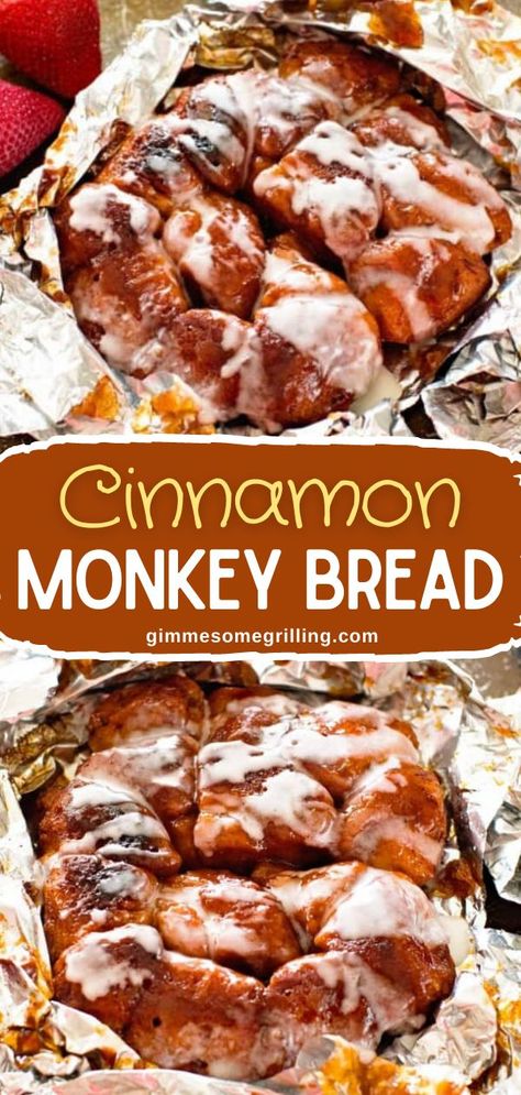 Cinnamon Monkey Bread Foil Packets, foil packet meal, breakfast idea, brunch recipe Foil Packet Desserts, Campfire Monkey Bread, Campfire Cinnamon Rolls, Cinnamon Monkey Bread, Easy Yummy Breakfast, Campfire Breakfast, Cinnamon Roll Monkey Bread, Campfire Desserts, Foil Pack Meals