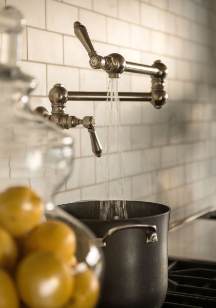 Over-the-stove faucet. Hot Water Tap Over Stove, Cooker Tap, Faucet Over Stove, Transitional Kitchen Lighting, Stove Faucet, Kitchen Shapes, Alternative Decor, Best Kitchen Designs, Stove Oven