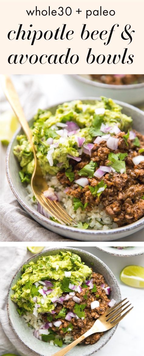 {korean beef cauliflower rice bowls|ground beef and mushroom recipes paleo|korean ground beef recipe paleo|avocado beef recipe|paleo bowl recipes|whole30 bowls|whole30 steak tips recipe|40 aprons loaded burger bowls|These Whole30 chipotle beef avocado bowls are one of our favorite Whole30 Mexican recipes, loaded with veggies, protein, and healthy fats. Cilantro lime cauliflower rice topped with a saucy, smoky beef mushroom mixture, all finished with tons of a quick guac, these Whole30 .. Beef And Mushroom Recipe, Ground Beef Paleo Recipes, Lime Cauliflower Rice, Chipotle Beef, Beef Mushroom, Cilantro Lime Cauliflower Rice, Whole30 Diet, Avocado Bowl, Diner Recept