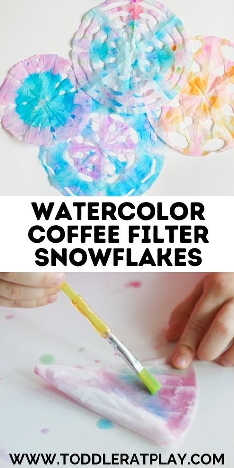 Watercolor Coffee Filter Snowflake Craft - Toddler at Play Watercolor Coffee Filter, Coffee Filter Snowflakes, Snowflakes For Kids, Snowflakes Craft, Winter Sensory Play, Crafts For Kids Winter, Coffee Filters Snowflakes, Winter Sensory, Art Crafts For Kids