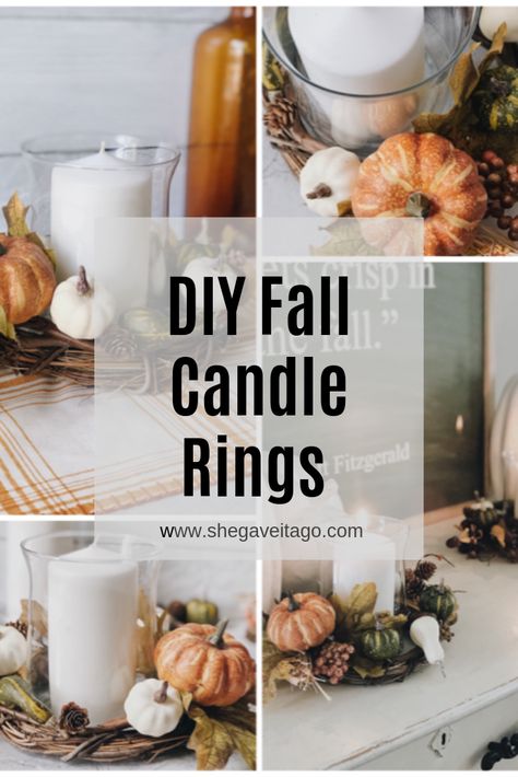 DIY Fall Candle Rings - She Gave It A Go Fall Candle Ring, Diy Fall Candle Holders, Candle Rings Diy, Fall Candle Rings, Faux Farmhouse, Fall Candles Diy, Fall Candle Decor, Farmhouse Styling, Fall Candle Holders