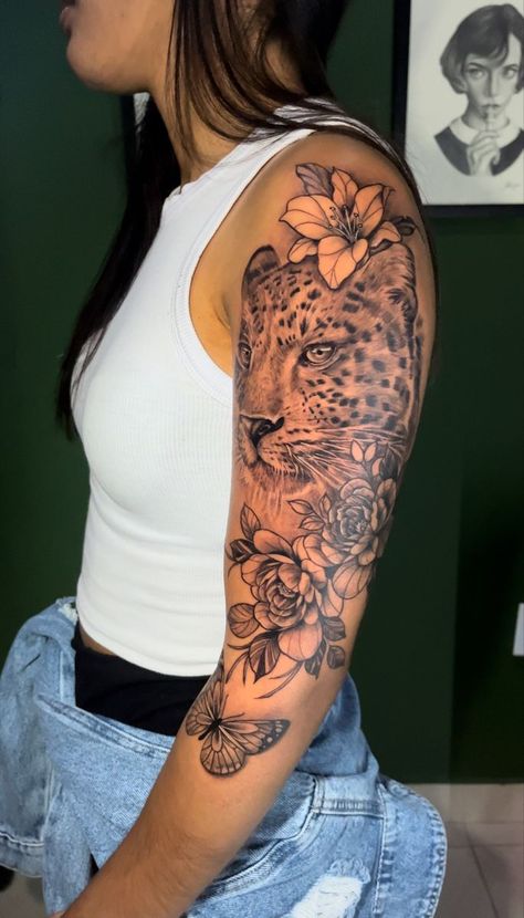 Arm Lift Tattoo Cover Up, Womens Arm Sleeve Tattoo Ideas, Leopard Sleeve Tattoo, Shoulder Upper Arm Tattoo For Women, Leopard Back Tattoo, Leopard Print Tattoo Sleeve, Women Tattoos Sleeve, Half Sleeves For Women, Leopard Print Tattoos