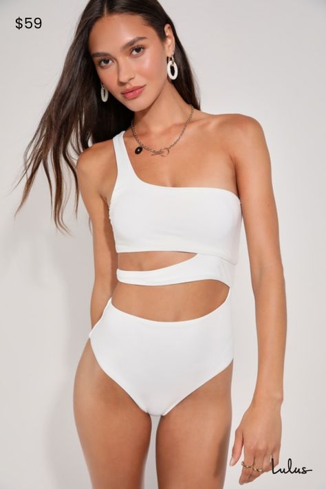 Get ready for sand, sun, and a whole lot of fun with the Lulus Sunshine Glow White Cutout One-Piece Swimsuit! This too-cute swimsuit is composed of sleek and stretchy tricot knit that shapes a flirty one-shoulder neckline and a bandeau-style bodice with an asymmetrical strap that creates cute cutout effects at the side, all above a pair of attached bottoms with high-cut legs and cheeky bottom coverage. Removable padding. PLEASE NOTE: Swimwear returned without the hygienic liner is non-refundable. Fit: This garment fits true to size. Length: Size medium measures 30" from shoulder to hem. Bust: Great for any cup size. Waist: Fitted - stretchy fabric allows custom fit. Hip: Fitted - stretchy fabric allows room for hips. Fabric: Fabric is very stretchy. Lined. Shell: 80% Nylon, 20% Elastane. L Cutout Swimsuit, Dr Wardrobe, Casual Formal Dresses, Flattering Swimsuits, Cut Out One Piece, Lulu Fashion, Cut Out Swimsuits, White Swimsuit, Cute Swimsuits