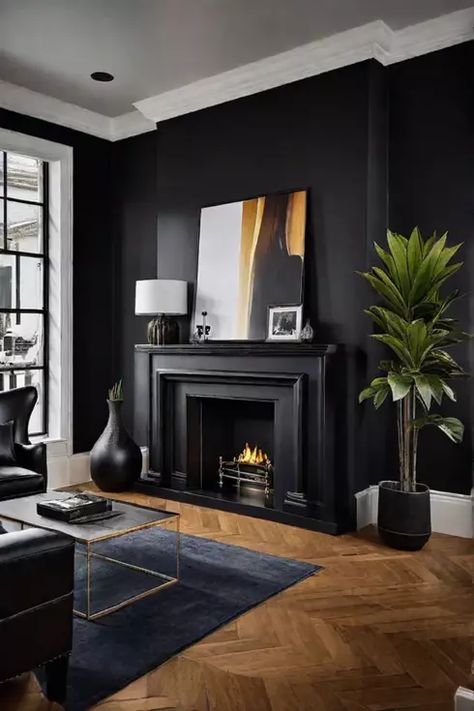 Sophisticated and moody black living room Dark Painted Living Room Walls, Moody Living Room Paint Colors, Dark Cozy Living Room, Black Wall Living Room, Black Walls Living Room, Dark Living Room Ideas, Living Room Paint Colors, Dark Living Room, Black Painted Walls