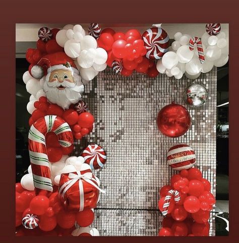 Christmas Decor Ideas For Work Party, Christmas Shimmer Wall, Christmas Balloon Wall, Christmas Party Backdrop Ideas, Christmas Balloon Backdrop, Christmas Decor Backdrop, Names In Cursive, Santa Balloon, Christmas Stage Decorations