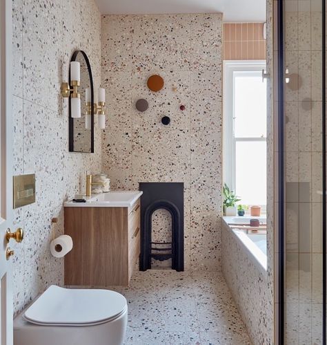 Mandarin Stone on Instagram: “We love every little detail in this fabulous bathroom design from @spruce.interiors.notts 🤍🤍 Combining three of our tiles, Terrazzo Nouveau…” Tiles Terrazzo, Terrazzo Bathroom, Pretty Tiles, Mandarin Stone, Patterned Tiles, Chic Bathroom, Limestone Flooring, Chic Bathrooms, Stainless Steel Doors