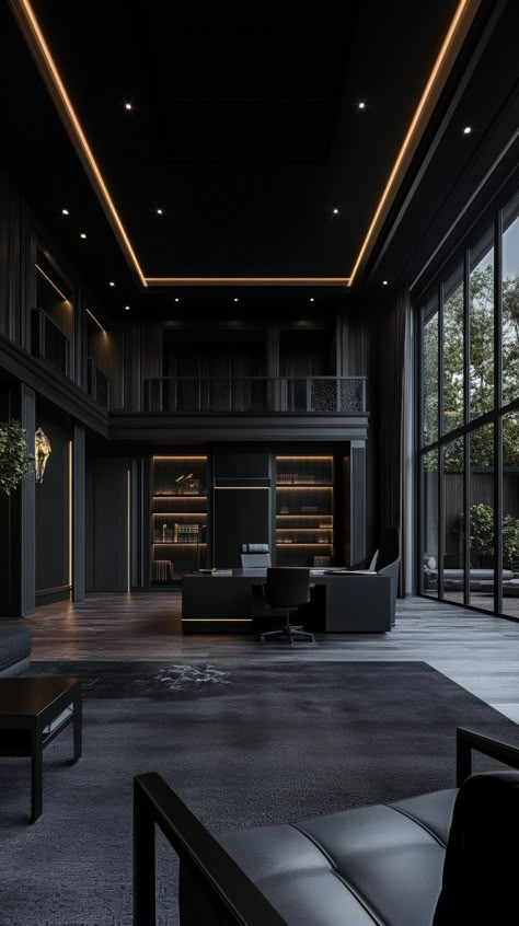 modern black office Office High Ceiling, Moody Office Design, Dark Man Cave, Office Black, Office Building Design, Dark Interior Penthouse, Black Office Design, Penthouse Apartment Dark Aesthetic, Office Ideas For Men