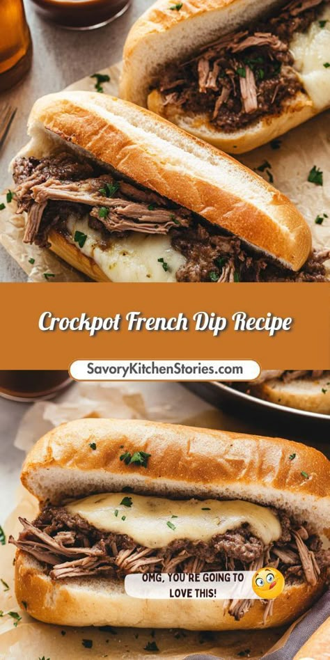 Craving a hearty sandwich that requires minimal effort? Our Crockpot French Dip Recipe delivers mouthwatering flavors with just a few ingredients! Let your slow cooker do the work while you enjoy tender, juicy meat. Don’t forget to save this recipe for your next cozy meal night! French Dip Recipe Crock Pot, Recipes With Au Jus Gravy, Crockpot French Dip Sandwiches Au Jus, Crockpot Meat Ideas, Beef Dip Crock Pot, Crock Pot Sandwich Recipes, Slow Cooker Party Food, Holiday Crockpot, Crockpot French Dip