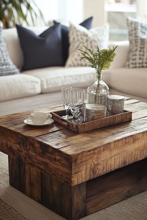 Build a stylish coffee table from reclaimed materials with this eco-friendly DIY project! It’s a great way to reduce waste and add a unique touch to your home. 🏡✨ #ReclaimedWoodFurniture #EcoFriendlyDIY #SustainableHomeDecor #GreenLiving #RusticFurniture Cabin Coffee Table Decor, Coffee Table Alternative Ideas, Root Coffee Table Living Rooms, Redwood Coffee Table, Root Coffee Table, Rustic Tree Trunk Coffee Table, Coffee Table Alternatives, Solid Log Coffee Table, Cabin Coffee