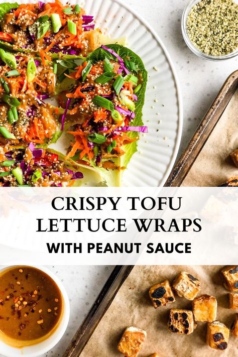 Tofu Lettuce Wraps Vegetarian, Peanut Sauce Lettuce Wraps, Crispy Tofu Lettuce Wraps, Vegan Tofu Lettuce Wraps, Tofu Wrap Recipe, Lettuce Wraps With Peanut Sauce, Peanut Sauce Tofu, Satay Tofu, Tofu Lettuce Wraps