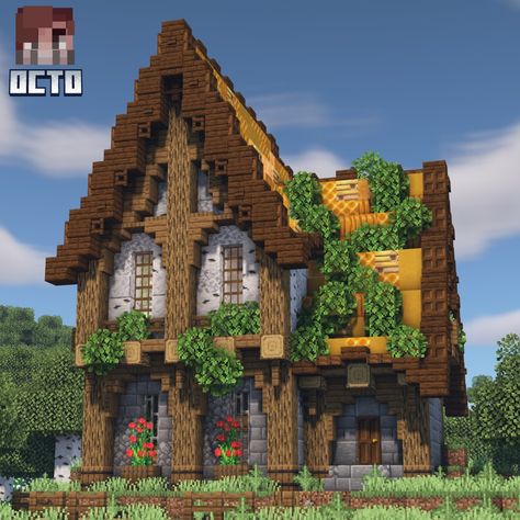 Minecraft Rustic House Ideas, Medieval Manor Minecraft, Old Mansion Minecraft, Medevil Houses Minecraft, Pretty Minecraft Farm, Starter Homes Minecraft, Minecraft Spruce Mansion, Minecraft Chapel Ideas, Minecraft House Styles