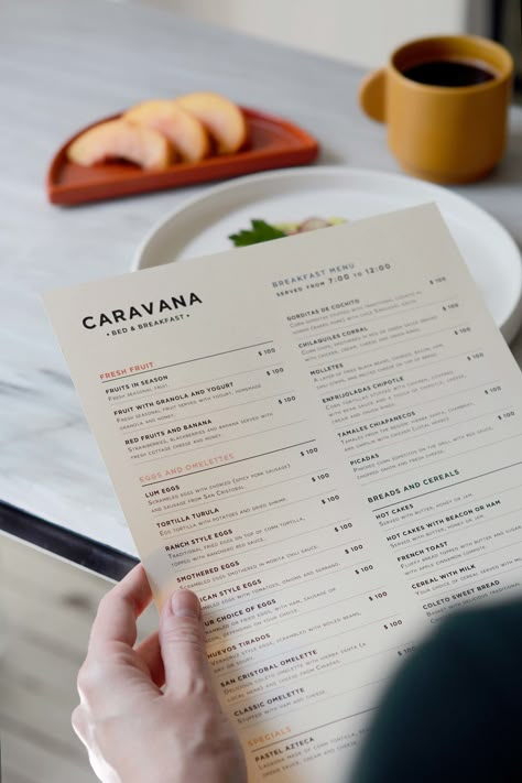 CARAVANA Bed & Breakfast on Behance Breakfast Menu Design, Menu Design Layout, Drink Menu Design, Menu Sans Gluten, Pasta Brands, Festival Banner, Bistro Menu, Menu Design Inspiration, Cafe Menu Design