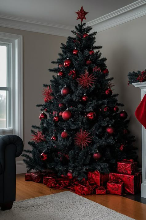 25 Black Christmas Tree Decorations: Stylish Ideas To Try Black Christmas Tree Red Decorations, How To Decorate A Black Christmas Tree, Black Christmas Tree With Red Ornaments, Christmas Tree Black Ornaments, Upside Down Christmas Tree Ideas, Black Christmas Tree Decorations Ideas, Black And Red Christmas Tree, Red And Black Christmas Tree, Goth Tree