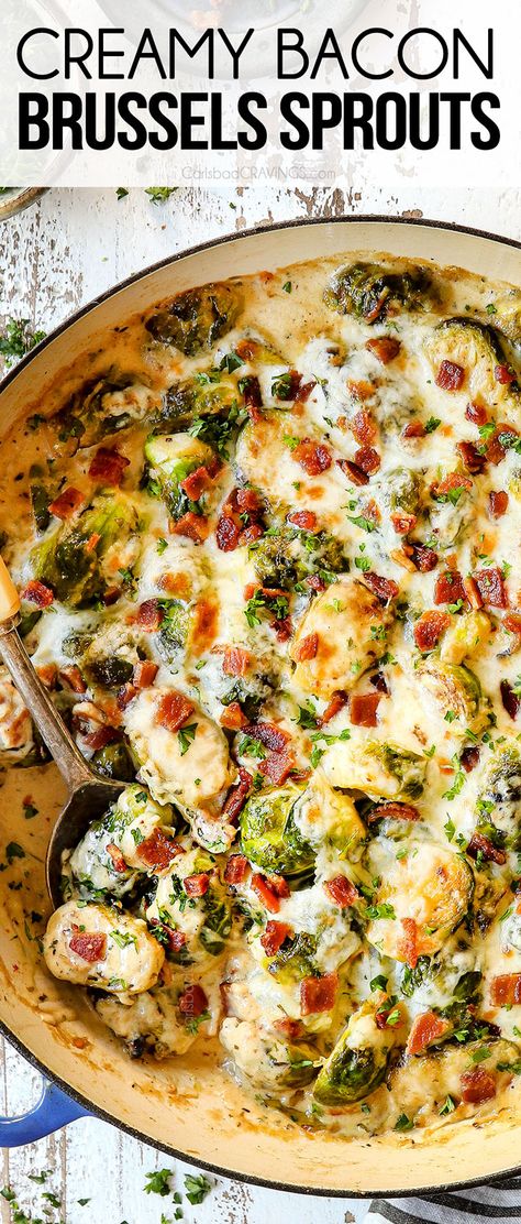 Easy Brussel Sprouts, Dish Recipes Easy, Creamy Brussel Sprouts, Creamy Brussels Sprouts, Brussels Sprouts With Bacon, Carlsbad Cravings, Bacon Brussel Sprouts, Sprouts With Bacon, Side Dish Recipes Easy