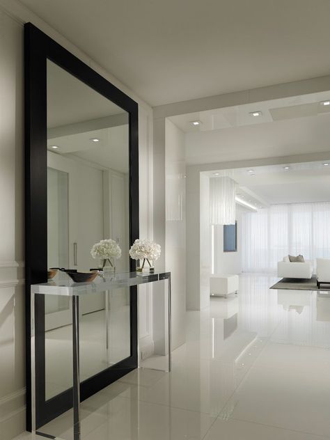 Contemporary Hallway, Vstupná Hala, Hall Mirrors, Large Hallway, Hallway Mirror, White Tile Floor, Hallway Designs, Hallway Design, Contemporary Floor