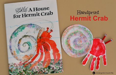 This handprint hermit crab craft for kids is a great extension of the Eric Carle book, A House for Hermit Crab and makes a great classroom display! Hermit Crab Craft, Luau Activities, Hermit Crab Art, Hermit Crab Crafts, A House For Hermit Crab, Ocean Activities Preschool, Crab Craft, Rainbow Fish Crafts, Animal Writing