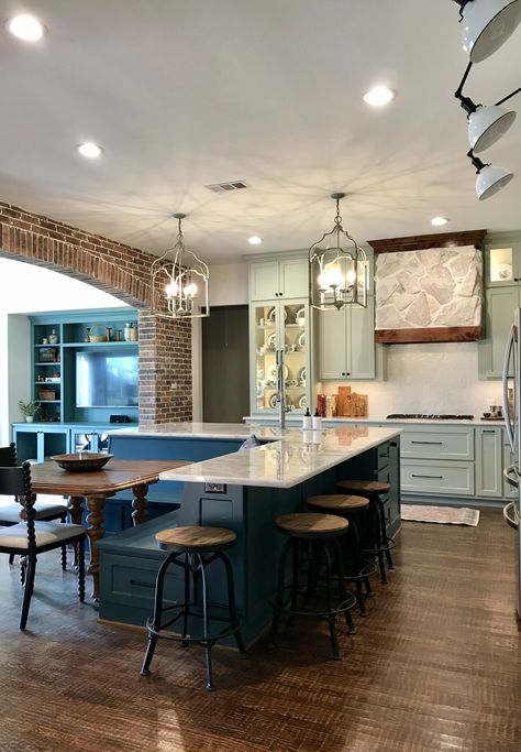 Eat In Kitchen With Island And Table, Kitchen Island With Banquette Attached, Slim Kitchen Island With Seating, Bench Seating Kitchen Island, 5ft Kitchen Island With Seating, Kitchen Island Expansion Ideas, Kitchen Island With Breakfast Nook, Unique Kitchen Island Ideas With Seating, Island With Breakfast Nook