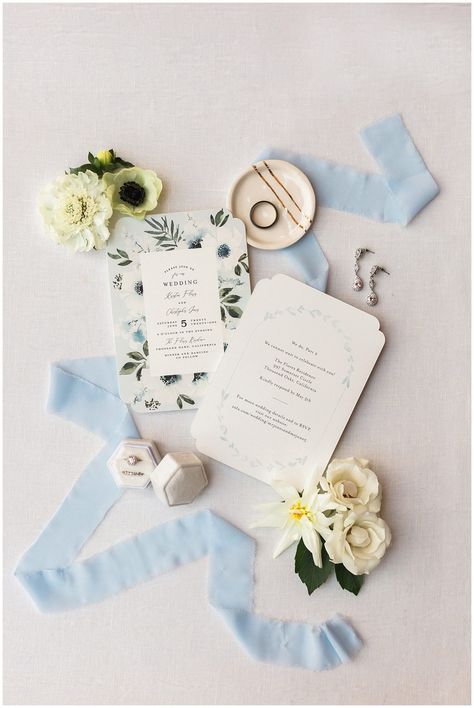 Invitation And Ring Photos, Dusty Blue Flat Lay, Dusty Blue Wedding Flat Lay, Dusty Blue Wedding Details, Invite Flatlay, Bridal Flatlay, Flatlay Wedding Details, Lit Wedding, Wedding Flatlay