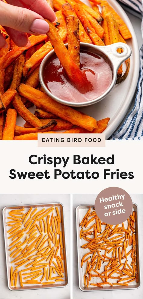 Learn how to make the best crispy baked sweet potato fries with this simple recipe! They’re absolutely addictive and make for the perfect healthy snack or side dish. Sweet Potato Fries Recipes Baked, How To Make Sweet Potato Fries, Make Sweet Potato Fries, Best Baked Sweet Potato, Homemade Sweet Potato Fries, Best Healthy Meals, Making Sweet Potato Fries, Volume Eating, Bird Food Recipes