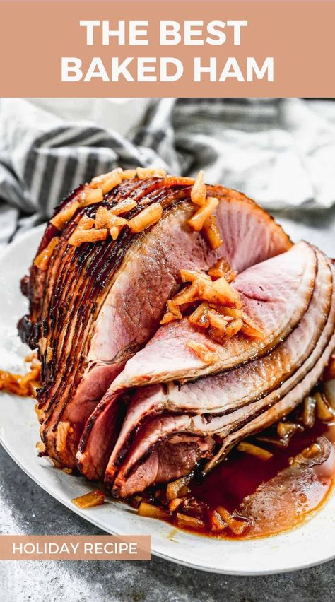 Baked ham with a pineapple glaze, great for Easter holiday meals. Baked Spiral Ham, Honey Ham Biscuits, Pineapple Glazed Ham, Brown Sugar Glazed Ham, Baked Ham With Pineapple, Holiday Ham Recipes, Ham Recipes Baked, Ham Glaze Brown Sugar, Pineapple Ham