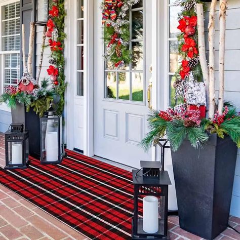 PRICES MAY VARY. 【Christmas Rug Material】: Hand-woven Christmas Buffalo Plaid rug is made of 45% Cotton+ 45% polyester+10% viscose fabric, soft, durable and and not fade to another color, can be used on both sides suitable for outdoor, foyer and other high-traffic areas. 【Indoor and Outdoor Christmas Decoration】: Christmas plaid rug has a very chic and trendy look, can be used as a welcome doormat, front porch rug, indoor outdoor rugs, entryway rug, front door mat, bedroom rug, kitchen rug and m Christmas Front Doors The Home Depot, Front Porch Christmas Tree In Met, Christmas Grees Outside By Frint Door, Front Door Garland With Christmas Balls, Layered Door Mat Christmas, Wreaths For Windows Outside Colonial, Wreath For Outdoor Windows, Canadian Wreath Front Doors, Farmhouse Christmas Porch Rug