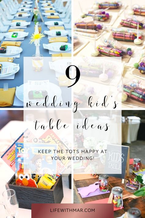 If you're wedding planning and decided to allow kids, then you definitely need to check out this list full of cute kid's wedding table ideas! How to entertain kids at a wedding is easy when you give them cute kid wedding crafts, kid-friendly wedding food and much more. Click to see these wedding kid's table ideas and activities. Wedding Kids Activity Table Ideas, Kid Friendly Wedding Activities, Kids Table Ideas For Wedding, Kids Activity Table Wedding, Wedding Entertainment For Kids, Kids Table At Wedding Reception, Kid Area At Wedding Receptions, Kids Wedding Table Ideas, Kid Table Wedding