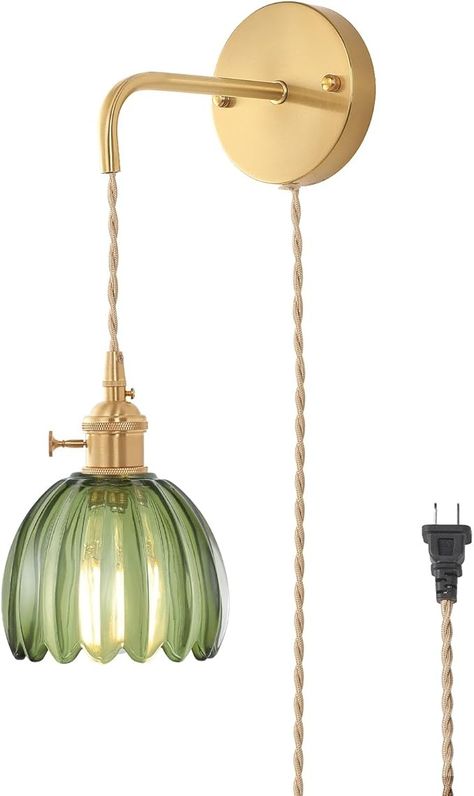 Shenmoyl Vintage Wall Sconce Wall Lamp with Green Tulip Glass Shade Hanging Wall Sconce with 4.9FT Plug in Cord, Modern Wall Lamp Fixtures Decor for Bedside Bedroom Indoor Doorway - Amazon.com Hanging Lamp Plug In, Sconces Bedroom Plug In, Bedroom Sconces Bedside Plug In, Hanging Bedside Lamps, Wall Mounted Plug In Bedside Lamps, Green Wall Lamp, Vintage Modern Bedroom, Vintage Plug In Wall Lamp, Vintage Green Glass Lamp