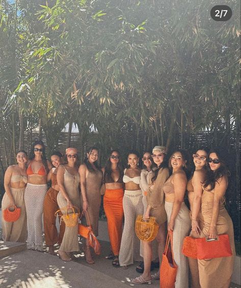 Tulum Birthday Party Ideas, Tequila Sunrise Beach Outfit, Tequila Sunrise Bathing Suits, Iluvsarahii Bachelorette, Korean Bachelorette Party, Theme Outfits For Groups, Bachelorette Theme Outfits Night, Bachelorette Tulum, Resort Birthday Party Ideas