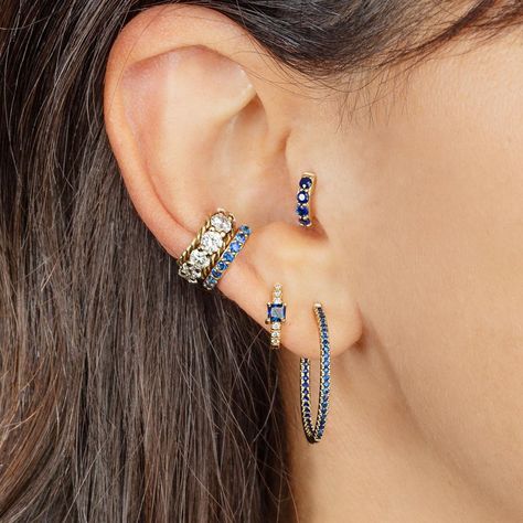 Blue Earring Stack, Ear Piercings Chart, Piercing Chart, Double Ear Piercings, Earring Stack, Diamond Ear Cuff, Cute Ear Piercings, Kind Of Blue, Ear Stack