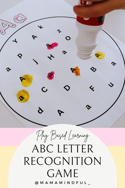 ABC Letter Recognition Game for 3-4 year olds! Trace the letter and then find it! We used dot markers for this activity and my 3 year old had a blast! #learnandplay #playbasedlearning #learningletters #letterrecognition Teaching Letter Recognition Preschool, Literacy For 3 Yrs Old, Montessori Letter Activities Preschool, Learning Activities For 3 Yrs Old, Activities With Dot Markers, Fun Alphabet Activities, Abc Recognition Activities, Activities For 4 Year Girl, 3-4 Year Learning