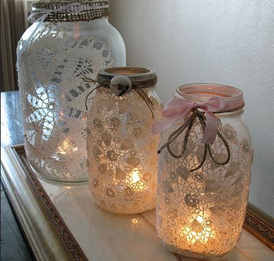 Delicate Doily Mason Jar Luminaries Recycle Decoration, Lace Mason Jars, Mason Jar Luminaries, Recycled Decor, Cute Outfits With Black Leggings, Outfits With Black Leggings, Reuse Ideas, Christmas Jello, Jar Crafts Diy