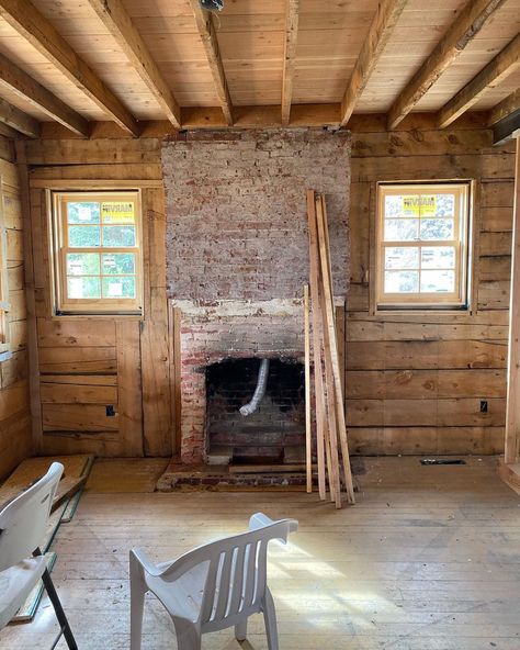 Hannah @Ballerina Farm on Instagram: “With the windows and exterior doors established, our old farmhouse is looking four-square and battle ready for the winter ahead.  Of course…”. 😍😍😍 Ballerina Farmhouse, Old Farmhouse Fireplace, Ballerina Farm Home, Hand Hewn Cabin Interior, Ballerina Farms Sourdough Bread, Hannah Neeleman Ballerina Farm, Wilhelmina Barns-graham, Ballerina Farm, Fireplace Drawing