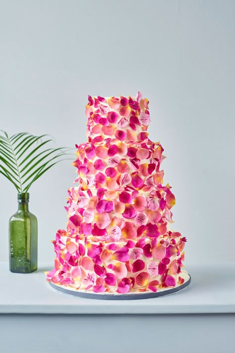 edible flower cake | cake decoration Edible Rose Petals, Edible Flowers Cake, Colorful Wedding Cakes, Vegan Wedding Cake, London Cake, Pink Wedding Cake, Decorating Cakes, Amazing Wedding Cakes, Celebration Cake