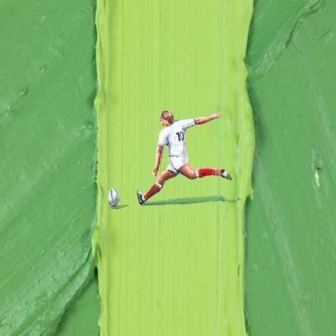 Normally I have a pretty good idea of what I want to paint on my artworks but this time I was clueless. I created the background using two different shades of green in two different styles; the first being very dynamic and full of random strokes and the second green was simply straight. It looked like a football field but I wasn’t 100% set on painting more football players so I went for something closer to home: rugby. I wanted to paint one player from the three nations in which rugby is b... Football Field Painting, Football Painting, Football Paintings, Different Shades Of Green, Football Field, A Football, Clueless, What I Want, Creative Process