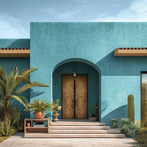 15+ Turquoise and Mocha House Paint Color Ideas for Vibrant Yet Earthy Homes • 333+ Images • [ArtFacade] Grey And Teal House Exterior, Teal Green House Exterior, Turquoise Exterior House Paint, Blue Stucco House Exterior, Moroccan House Exterior, Modern Classic Exterior, Teal House, Green House Exterior, Modern Classic Home