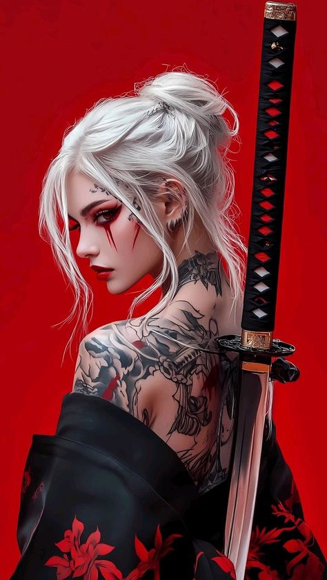 Samurai Girl Art, Woman Samurai, Female Samurai Art, Model Lips, Punk Model, Modern Geisha, Ronin Samurai, Female Samurai, Cyberpunk Female