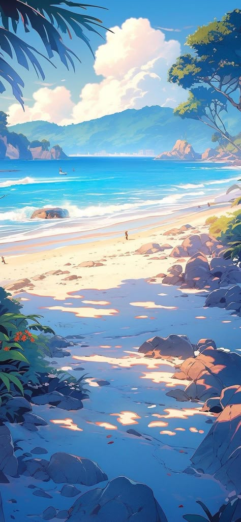 How To Draw A Beach Scene, Beach Anime Background, Beachy Art, Pool Art, Scenery Background, Dreamy Landscapes, Adventure Art, Summer Landscape, Cool Wallpapers Art