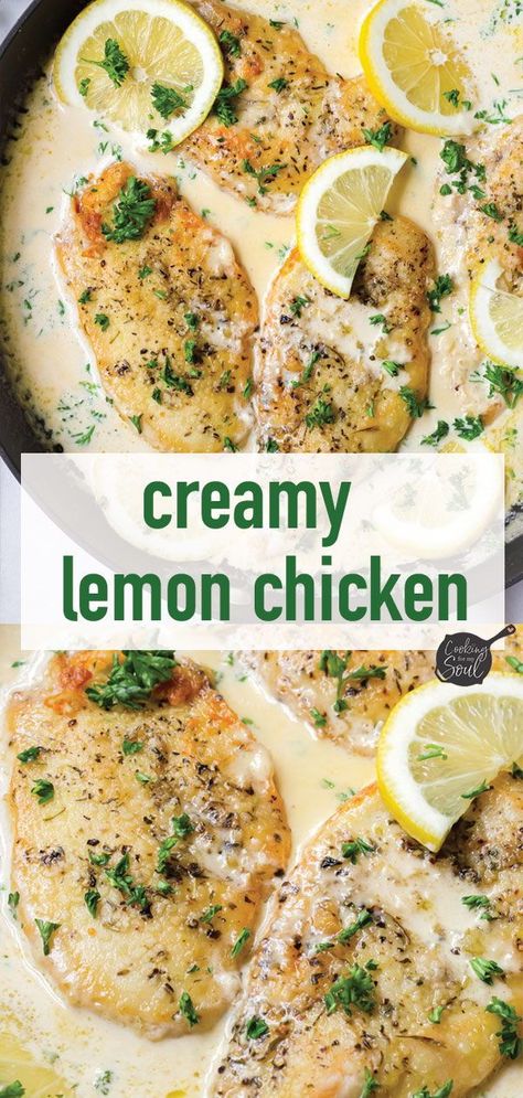 Creamy Lemon Chicken! This skillet creamy lemon chicken is a weeknight dinner favorite. Made with a rich and delicious lemon cream sauce and tender chicken breast #chickendinner #lemonchicken #cookingformysoul | cookingformysoul.com Keto Carnivore, Creamy Lemon Chicken, Lemon Chicken Recipe, Chicken Dishes Recipes, Lemon Chicken, Butter Chicken, Chicken Dinner Recipes, Easy Chicken Recipes, Chicken Breast Recipes