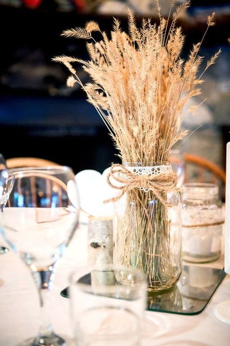 a mason jar centerpiece with lace, twine and wheat on a mirror for an elegant fall wedding Wheat Wedding, Wedding Centerpieces Mason Jars, Rustic Wedding Decorations, Deco Champetre, Tafel Decor, Mason Jar Wedding, Mason Jar Centerpieces, Fall Wedding Decorations, Mason Jar Diy