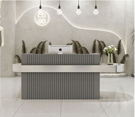 Luxury Reception Desks, Steel Reception Desk, Office Reception Table Design, Reception Counter Design, Front Desk Reception, Desk Reception, Dental Office Design Interiors, Reception Desk Design, Modern Office Interiors