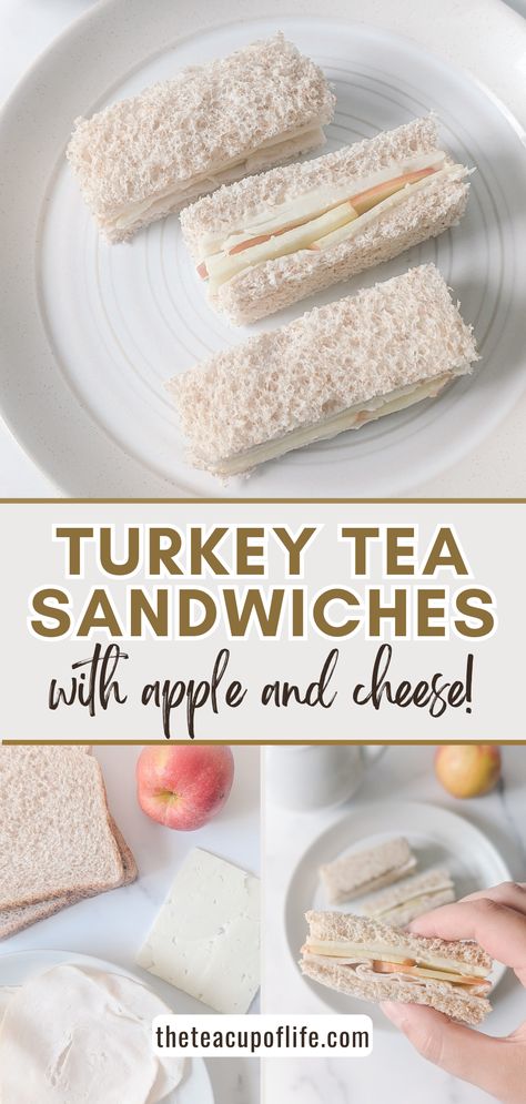 easy turkey tea sandwiches recipe Turkey Cranberry Tea Sandwich, Sandwich With Apple Slices, Tea Sandwiches For Kids, High Tea Sandwiches Fillings, Turkey Tea Sandwiches, Chicken Tea Sandwiches, Easy Tea Sandwiches, Crisp Sandwich, Mayonnaise Turkey