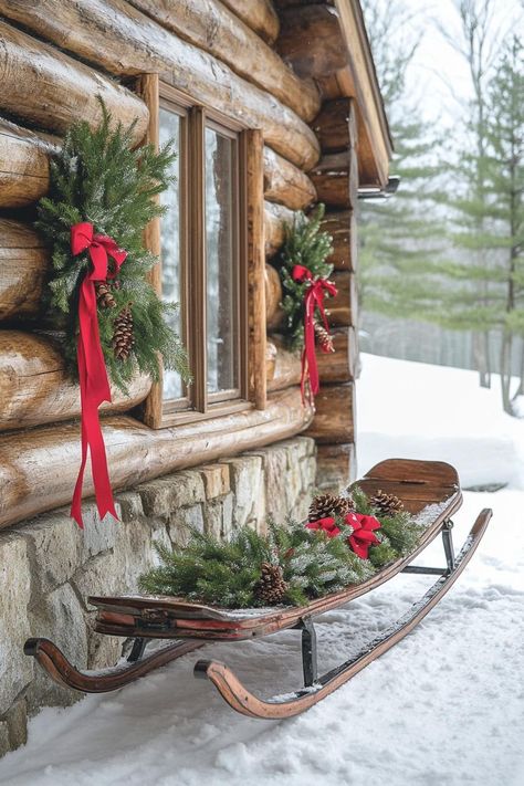 21 Cozy Mountain Lodge Christmas Decor Ideas 51 Tobaggon Christmas Decor, Noel Cute, Lodge Christmas Decor, Woodsy Christmas, Future Farmhouse, Lodge Christmas, Snow Sleds, Vintage Skis, Mountain Christmas