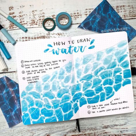 Water Tutorial, Pool Party Theme, How To Draw Water, Doodle Tutorial, July Bullet Journal, Water Journal, Theme Instagram, Draw Water, Bullet Journal Spreads