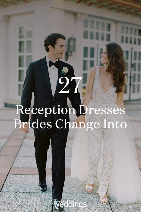 Click to get inspiration for your wedding reception dress that you can change into. Here are 27 wedding dresses that real brides changed int of or their wedding reception. #WeddingDress #WeddingReceptionDress #Ideas #Inspiration #Wedding #Bride #Bridal #Details | Martha Stewart Weddings - 21 Reception Dresses Brides Changed Into for Their Parties Dinner Reception Outfit, Wedding Dress Change Receptions, Wedding Reception Outfit Change Bride, 2nd Look Wedding Outfit, Wedding Vs Reception Dress, Bride Reception Outfit Change, Wedding Gown For Reception, Fall Reception Dress Bride, Reception Wedding Dress Ideas