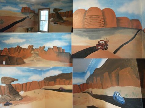 Cars "Radiator Springs" theme painted walls. Good for boy's room. Wall decals of cars added. Radiator Springs Wall Mural, Radiator Springs Bedroom, Cars Radiator Springs, Cars Bedroom, Cars Mural, Twins Bedroom, Car Themed Bedrooms, Themed Bedrooms, Radiator Springs