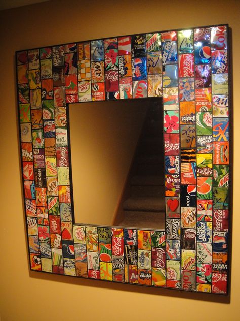 pop cans, found art mirror Pop Can Art, Beer Can Art, Pop Can Crafts, Game Room Ideas, Soda Can Crafts, Aluminum Can Crafts, Art Mirror, Bottle Cap Art, Pop Cans