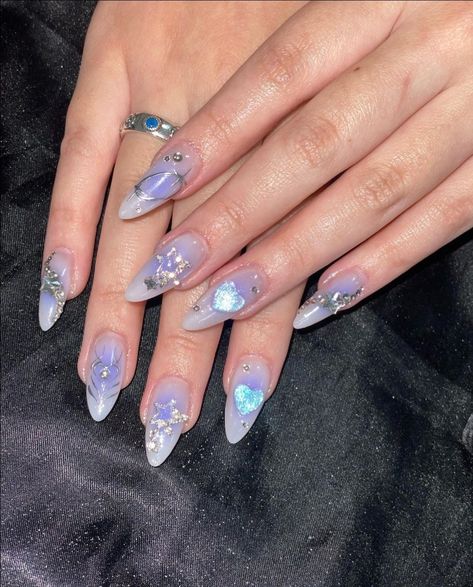 Shinny Nails Ideas, Purple Japanese Nails, Dreamy Blue Nails, Blue Irridescent Nails Acrylic, Light Blue Nails With Charms, Purple Aurora Nails, Douyin Nails Purple, Korean Purple Nails, Purple Blush Nails