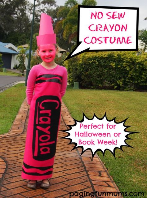 Easy DIY No Sew Crayon Costume Instructions. Perfect for book week or Halloween! Crayon Fancy Dress, Fancy Dress Diy, Crayon Dress, Diy Costumes Kids Boys, Crayon Costume, Sew Halloween Costume, Book Character Day, Diy Crayons, Book Costumes