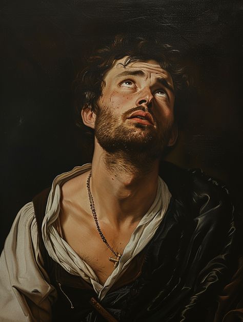 Renaissance Man Expressing Charity in Chiaroscuro Portrait Style Famous Classical Art, Victorian Man Painting, Men In Paintings, Baroque Oil Painting, Classical Art Reference, Artists Self Portraits, Carravagio Portraits, Classical Art Portraits, Baroque Portrait Painting