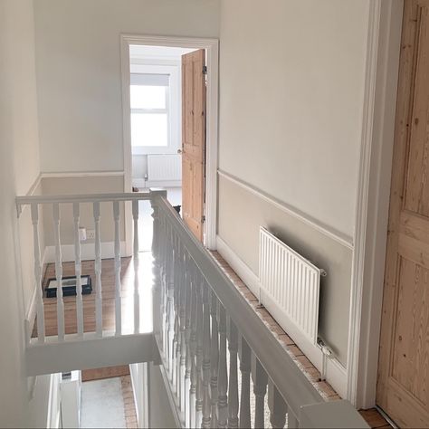 The dado rail still needs painting but otherwise i’m very happy with how fresh this space is now looking. Finished in Dulux white cotton and egyptian cotton. Dado Rail Bedroom, Egyptian Cotton Paint, Dado Rail Living Room, Dulux White Cotton, Dado Rail Hallway, Dulux Egyptian Cotton, Hallway Wall Colors, Hallway Colour Schemes, Neutral Hallway